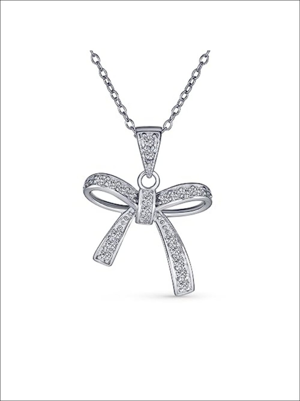 Pave CZ Ribbon Bow Pendant Necklace .925 Sterling Silver Adjustable